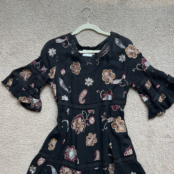 Anthropologie‎ Eri Ali Black Short Dress Embroidered Flowers Ruffled Sleeves M - Picture 2 of 10
